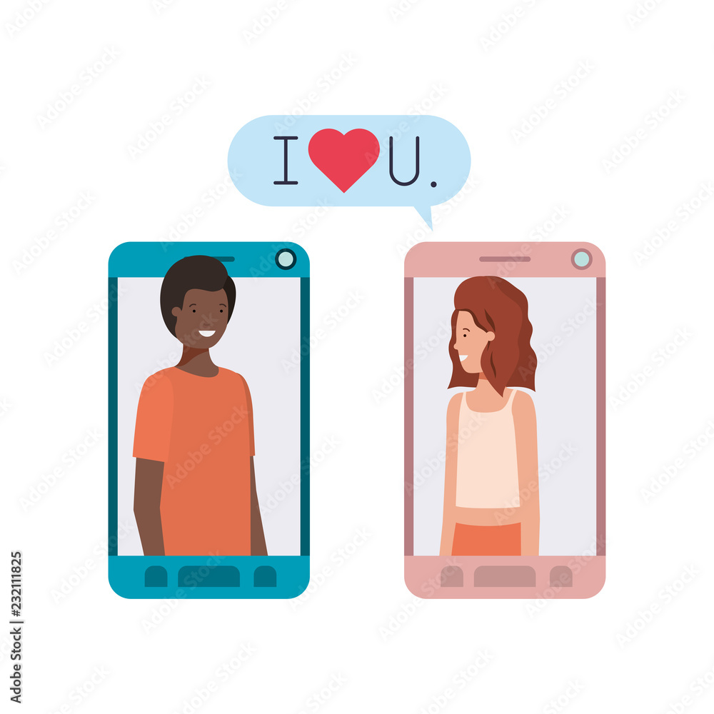 young couple in smartphone with speech bubble young couple in smartphone with speech bubble
