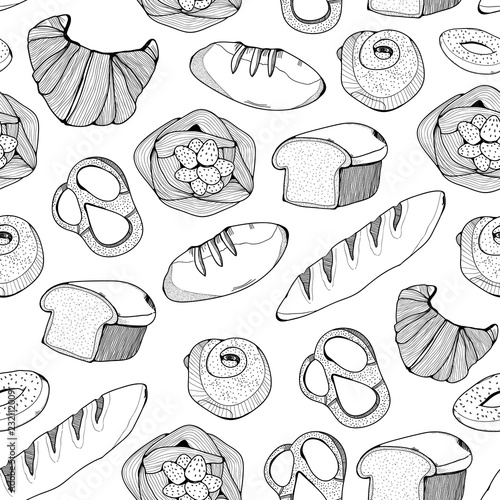 Hand drawn graphic bakery products. Vector seamless pattern