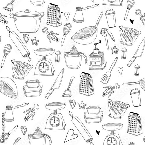 Hand drawn doodle kitchen utensils. Graphic vector seamless pattern