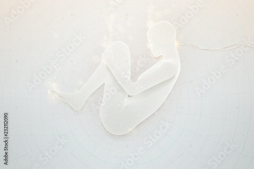 Vector futuristic cyberpunk human genesis background. Birth of artificial intelligence. Human cloning concept. Futuristic android creation process illustration. Mystical hi-tech bioengineering.