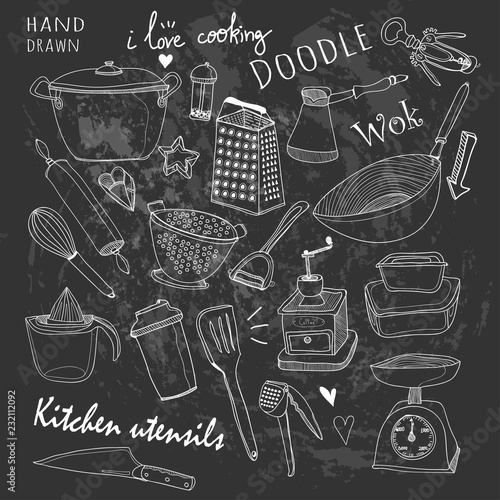 Hand drawn doodle kitchen utensils. Graphic vector set. Chalk style. Black background