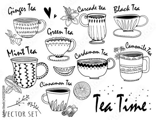 Hand drawn graphic tea cups. Various sorts of tea. Vector set