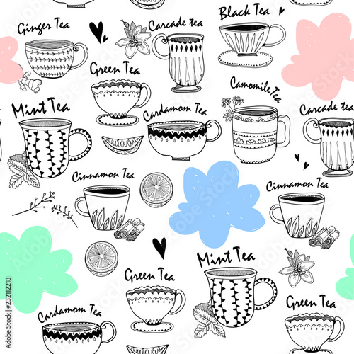 Hand drawn graphic tea cups and abstract clouds. Various sorts of tea. Vector seamless pattern
