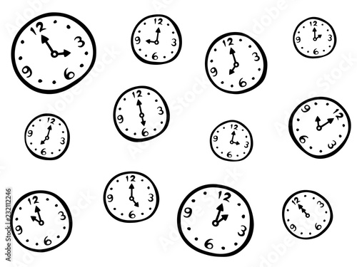Set of time in drawing style. Cartoon clocks in doodle. Wallpaper seamless pattern background.