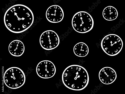 Set of time in drawing style. Cartoon clocks in doodle. Wallpaper seamless pattern background.