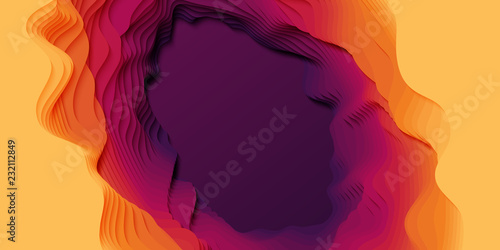 Vector 3D abstract background with paper cut shapes. Colorful carving art. Paper craft landscape with gradient fade colors. Minimalistic design layout for business presentations, flyers, posters.