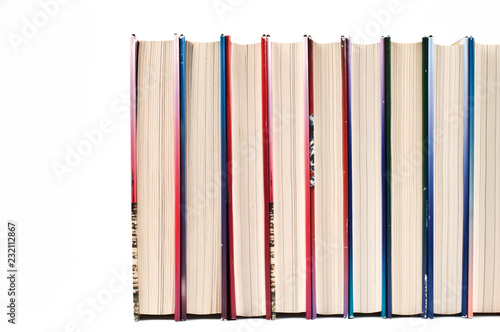 Books in a row isolated on white background.