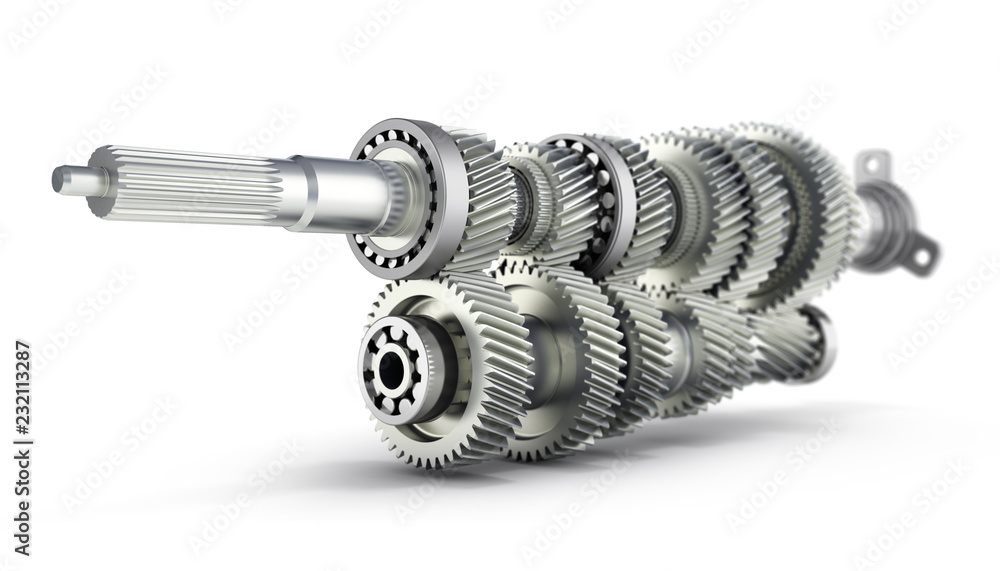 Automotive transmission gearbox Gears inside on white background