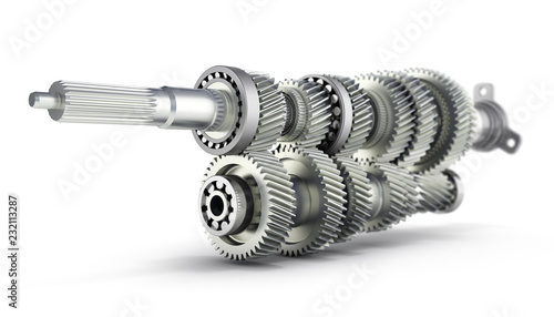 Automotive transmission gearbox Gears inside on white background 3d render with blur