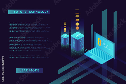 Cryptocurrency and blockchain illustration. Bitcoin mining farm. Artificial intelligence and machine learning. Concept for landing page for creating digital currency.