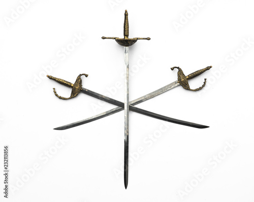 ancient medieval swords on white isolated background