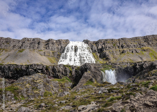 Magnificent Dynjandi waterfall Jewel of the Westfjords of Iceland in sunny weather and blue sky