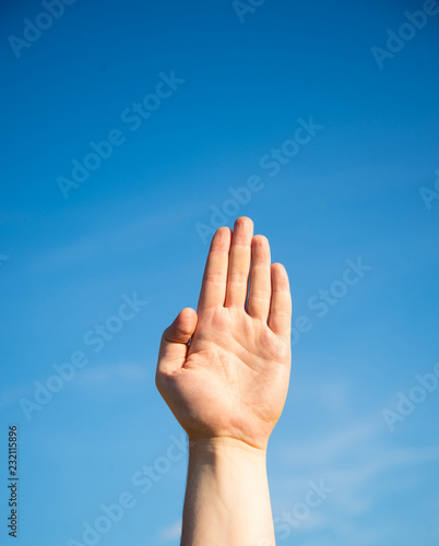 Male palm hand gesture,male palm on a blue background