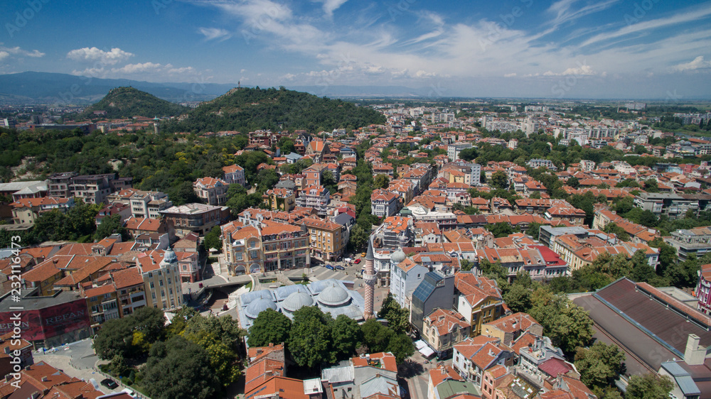 Aerial view of Djumaia Mosque and downtown Plovdiv, Bulgaria