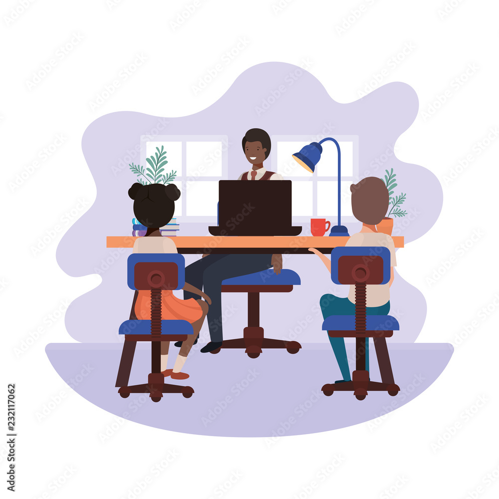 businessman in the office with children avatar character