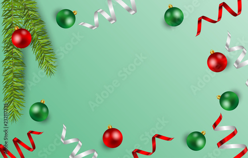 Christmas background with ball and shiny ribbon on green background, Copy space. Vector illustration