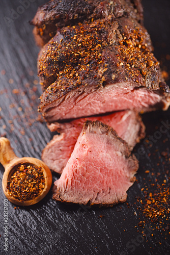 roast beef steak, perfectly sous vide cooked and grilled