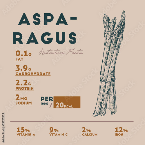 Nutrition facts of raw asparagus, hand draw sketch vector.