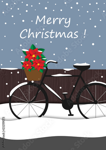 Winter background with bicycle and red flower cartoon design, Christmas, Festival vector and illustration