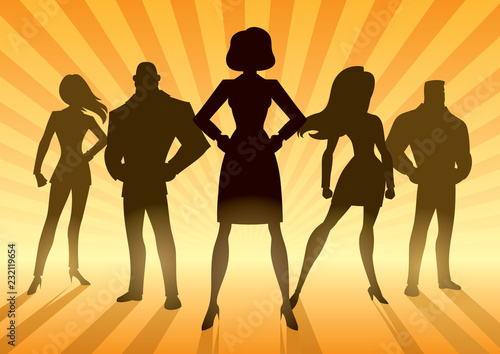 Conceptual illustration depicting business team with female leader or manager.