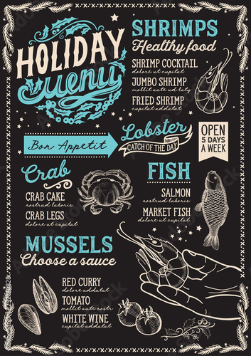 Christmas menu for seafood restaurant, food template.
