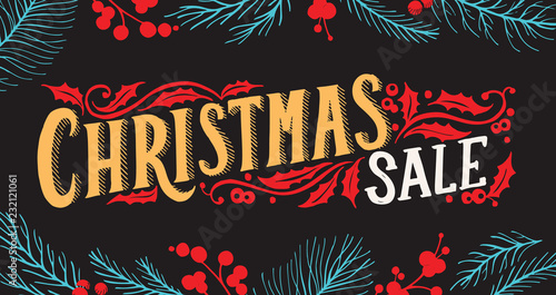 Christmas sale chalkboard background with holiday decorations.
