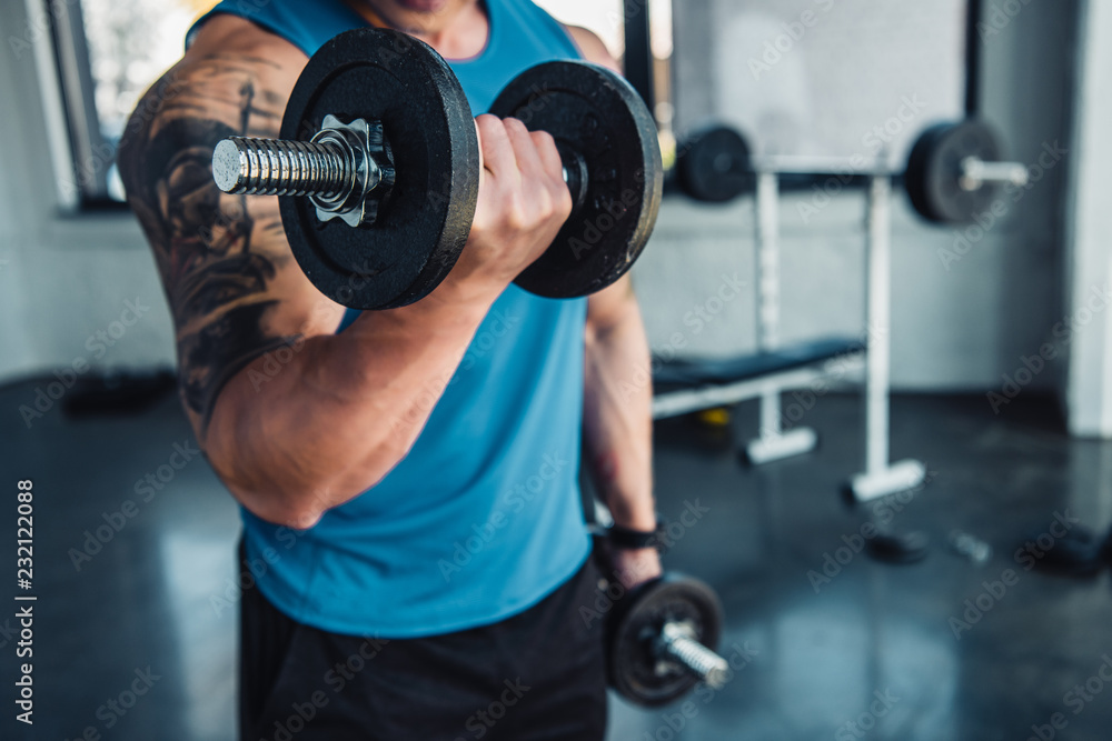 partial view of young sportsman exercising with dumbbells in gym partial view of young sportsman exercising with dumbbells in gym
