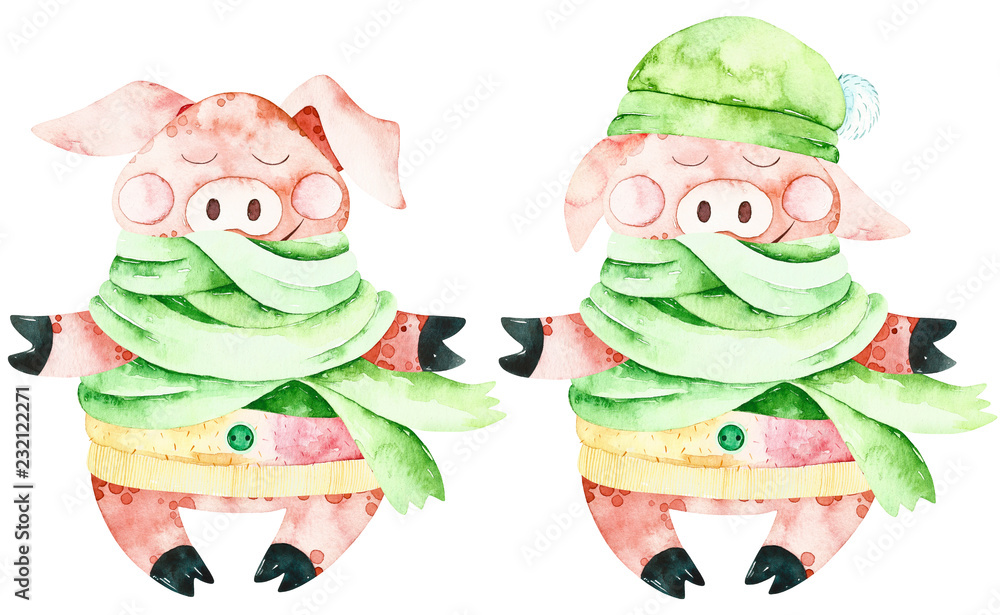 Fototapeta premium Watercolor christmas cute pigs. Handpainted watercolor winter elements. Perfect for you postcard design, wallpaper, happy new year print, invitations, packaging etc.