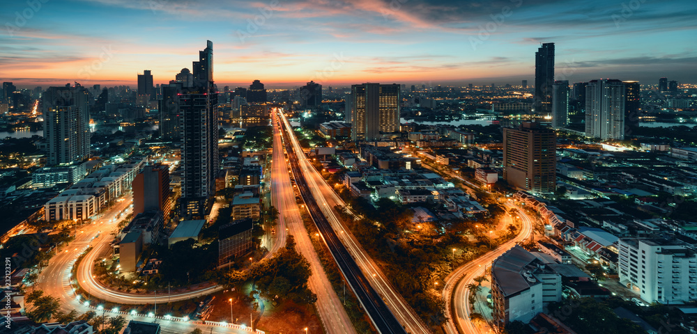 Fototapeta premium City lanscape Bangkok business capital .Panoramic and perspective view light blue background of glass high rise building skyscraper commercial of future. Business city background.