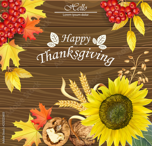 Happy thanksgiving card Vector. Fall leaves over wooden background. 3d detail...