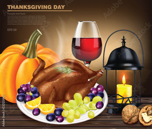Happy thanksgiving turkey menu Vector realistic. Autumn fall 3d detailed symbols illustrations