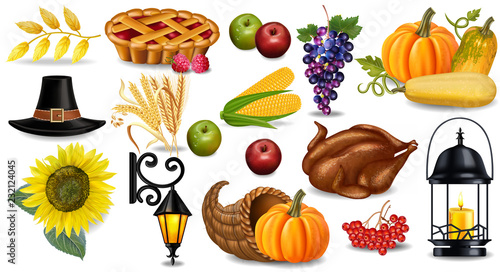 Thanksgiving set Vector realistic. Turkey, pie, pumpkins, hat 3d detailed illustrations
