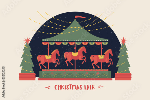 Greeting card with a festive merry-go-round with horses and garlands on christmas trees. Decorative composition is ideal for Christmas and New Year's cards, posters. Vector colorful illustration.
