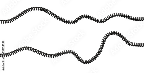 3d rendering of two strings of spiral rubber phone cables lying curled at a white background. photo