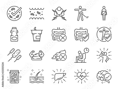 Probiotics icon set. Included icons as intestinal flora, intestinal, bacteria, healthy, yogurt, intestine and more.