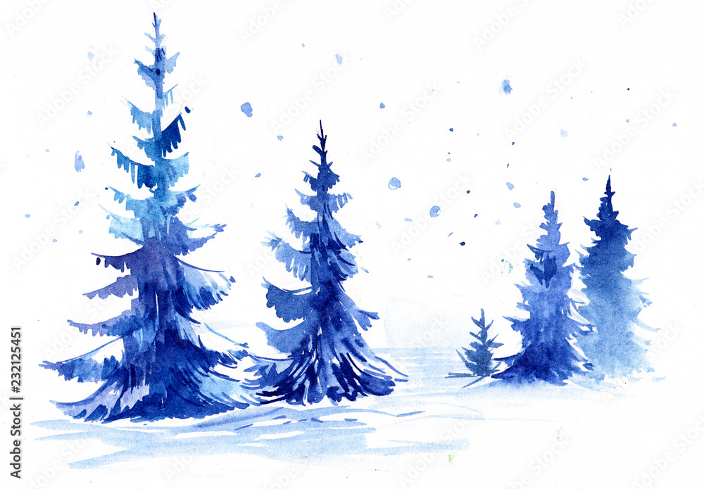 Winter forest. Watercolor illustration