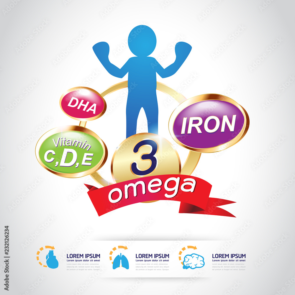 Fototapeta premium Omega 3 Calcium and Vitamins for Kids Logo Concept Vector