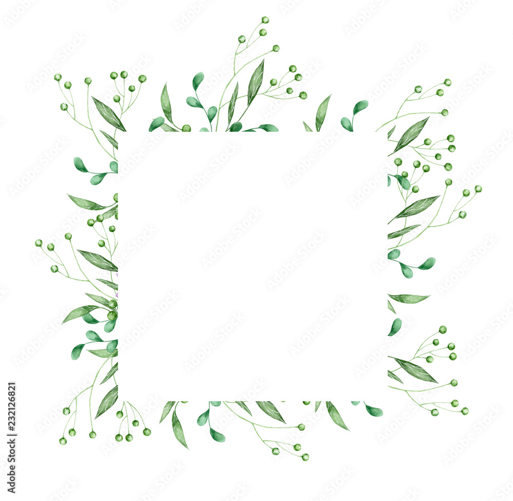 floral greenery card design: branch green leaves square frame. Wedding invite poster invitation Watercolor hand drawn art illustration floral greenery card design: branch green leaves square frame. Wedding invite poster invitation Watercolor hand drawn art illustration