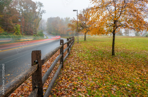 Scenic autumn view in Princeton  New Jersey featuring road with light trails next to the tree with fallen leaves on foggy morning