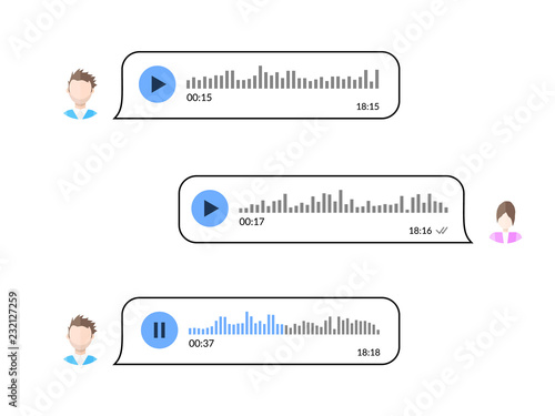 Two users conversate using voice messages. Audio message communication.