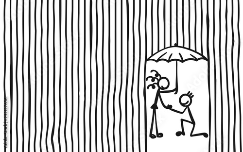 Man knees ask woman with umbrella to marry under heavy rain, Stick figures people romantic relationship, Striped background