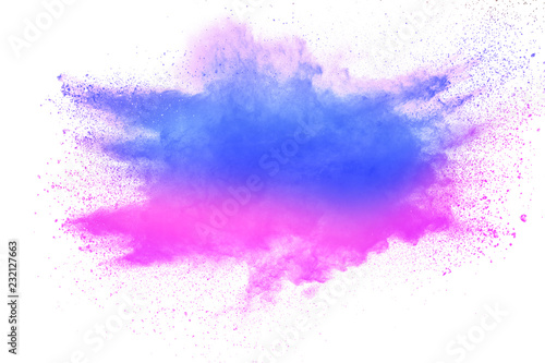 Bizarre forms of blue pink powder explosion on white background.