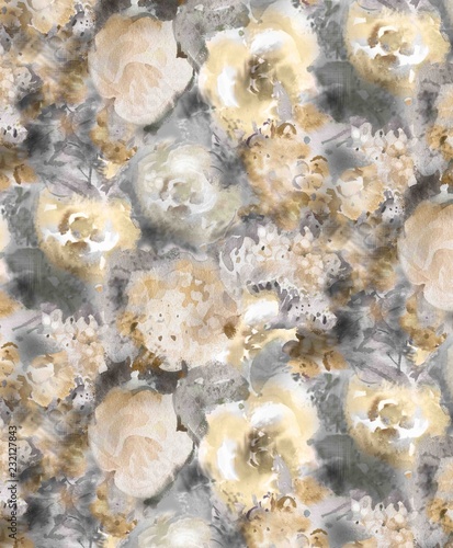 Monochrome watercolor gold decorative flowers on a dark background - a large pattern for wallpaper. Perfume, invite.