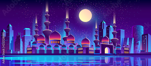 Vector background with night city illuminated with neon glowing lights. Muslim culture, Arabic or Turkish urban concept. Cityscape with big mosque and minarets, modern buildings, high skyscrapers