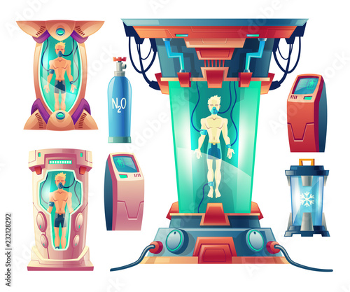 Vector cartoon set with futuristic equipment for hibernation, cryogenic cameras with sleeping humans inside. Modern cryonics technology, astronauts in capsules with cryogen for travel in deep space