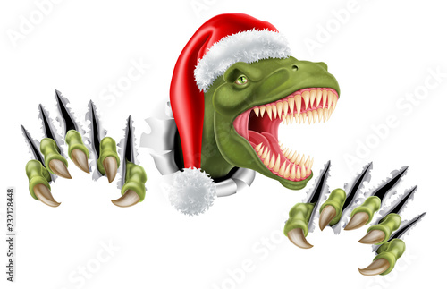 A T Rex dinosaur wearing a Santa Christmas hat and tearing through the background