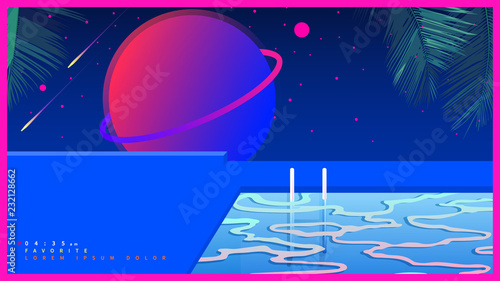 Space tropical pool. futuristic vaporwave minimal illustration background
