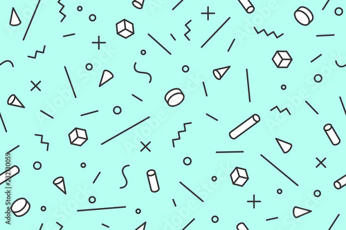 Geometric memphis pattern. Seamless graphic pattern 80s-90s trendy styles, black background. Colorful pattern with abstract different shapes objects for wrapping paper, background. Vector illustration