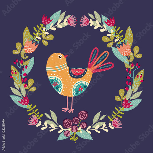 Art vector colorful illustration with beautiful abstract folk bird and floral wreath .