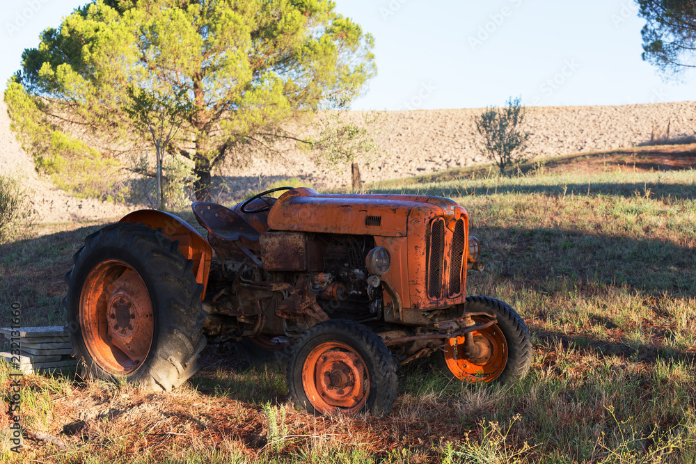 Old orange rusty tractor in a field Old orange rusty tractor in a field